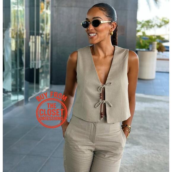 ZARA Sleeveless Linen Vest NWT | Beige Beaded Tie-Front Top Size L - Picture 4 of 16